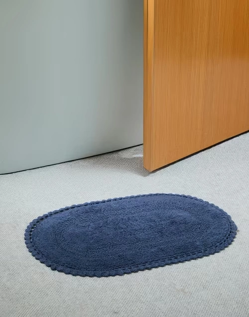 Navy Crochia Oval Woven Cotton Bathmat