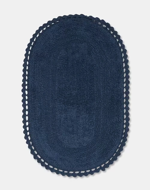 Navy Crochia Oval Woven Cotton Bathmat