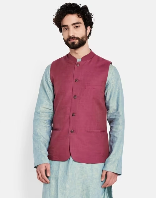 Wine Linen Slim Fit Gilet