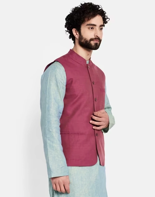 Wine Linen Slim Fit Gilet