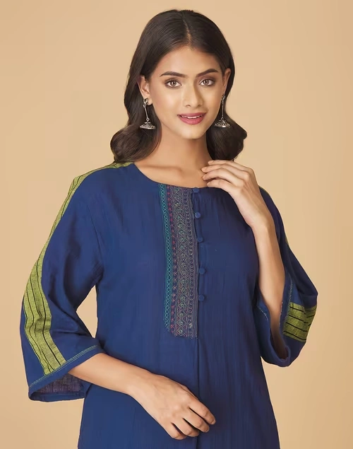 Cotton Round Neck Placket Medium Kurta