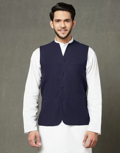 Blue Cotton Slim Fit Gilet
