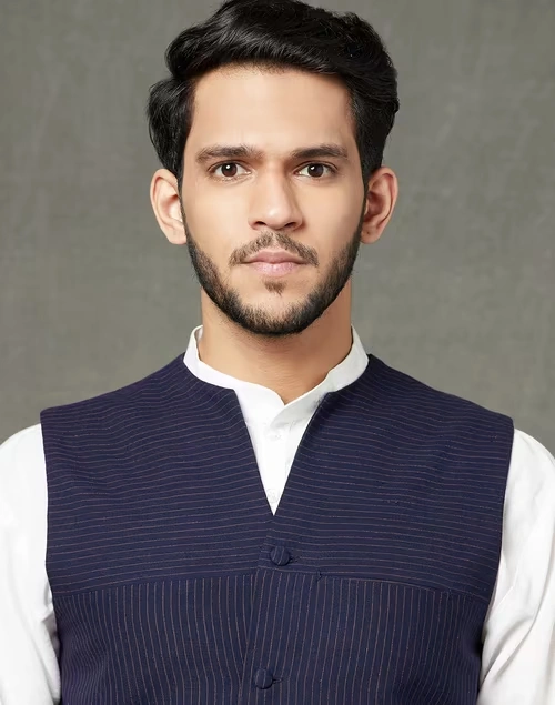 Blue Cotton Slim Fit Gilet