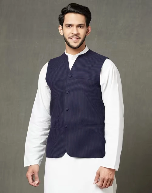 Blue Cotton Slim Fit Gilet 4 Blue Cotton Slim Fit Gilet