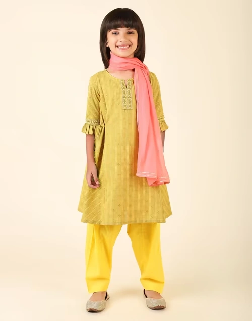 Green Cotton Dobby A-Line 3Pc Salwar Set
