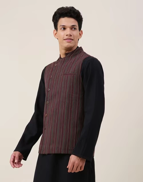 Black Cotton Dobby Nehru Jacket