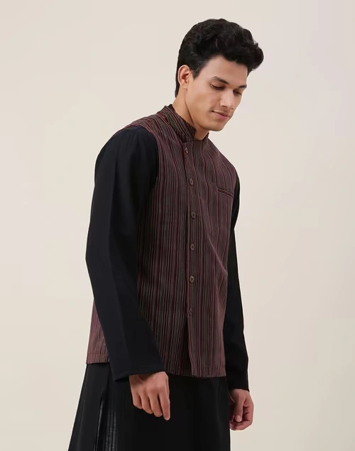 Black Cotton Dobby Nehru Jacket