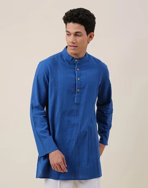 Blue Cotton Pintucks Short Kurta
