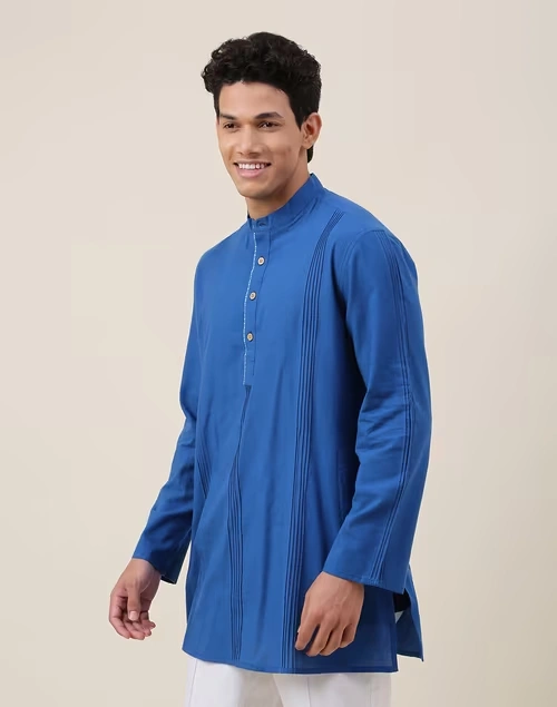 Blue Cotton Pintucks Short Kurta