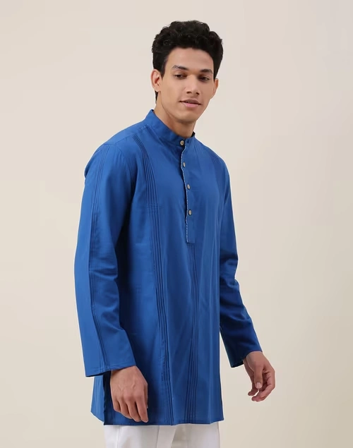 Blue Cotton Pintucks Short Kurta