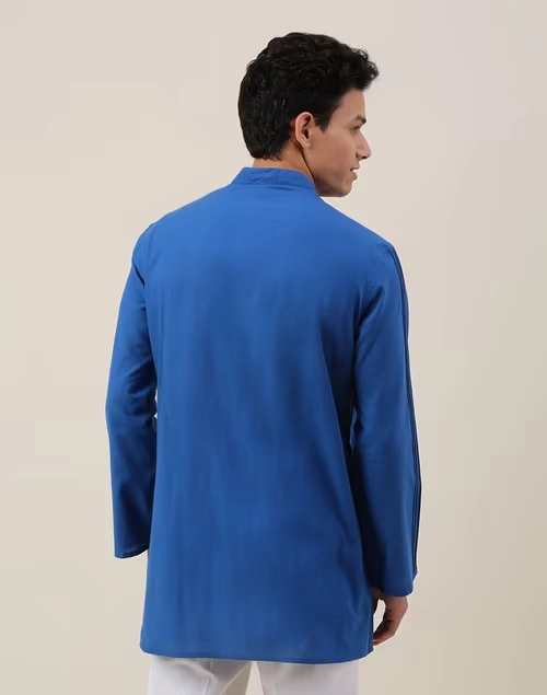 Blue Cotton Pintucks Short Kurta