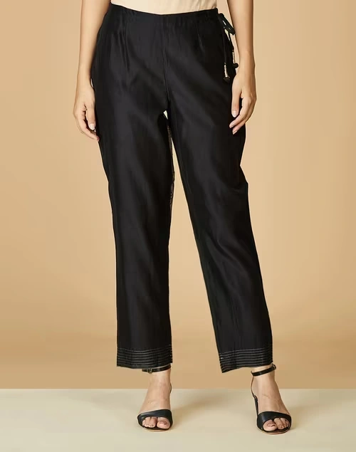 Black Cotton Silk Ankle Length Ijar Pant