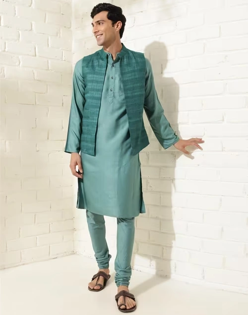 Green Viscose Silk Woven Slim Fit 3Pc Set
