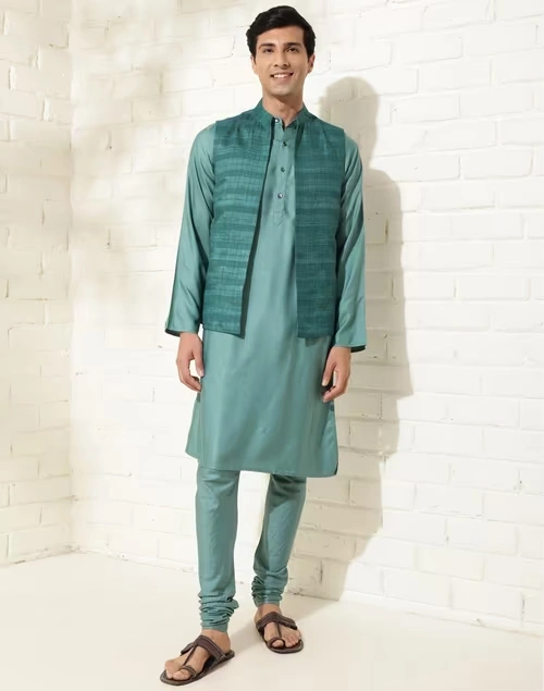 Green Viscose Silk Woven Slim Fit 3Pc Set