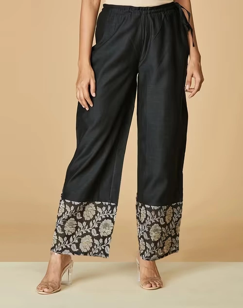 Black Cotton Silk Woven Ijar Pant