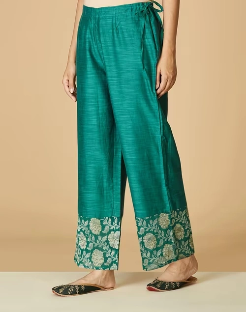 Green Cotton Silk Woven Ijar Pant