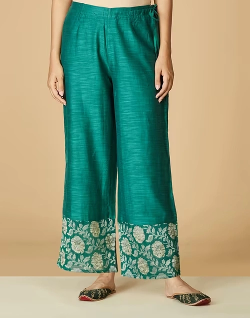 Green Cotton Silk Woven Ijar Pant
