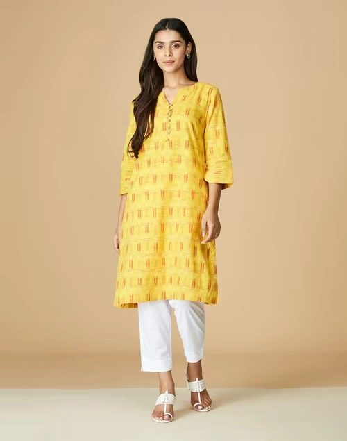 Mustard Cotton Ikat Knee Length Kurta