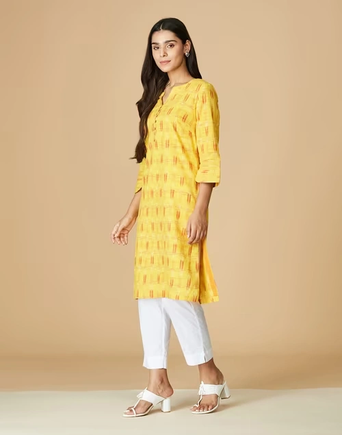 Mustard Cotton Ikat Knee Length Kurta