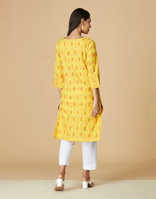 Mustard Cotton Ikat Knee Length Kurta
