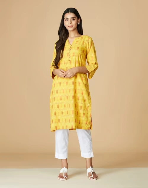 Mustard Cotton Ikat Knee Length Kurta