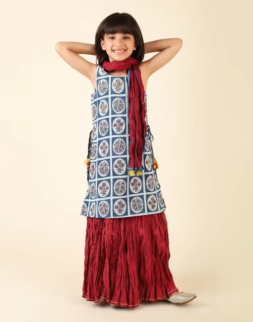 Blue Cotton Printed 3Pc Lehenga Set