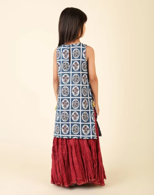 Blue Cotton Printed 3Pc Lehenga Set