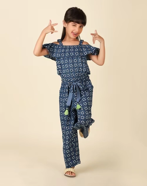 Indigo Cotton Printed Jumpsuit