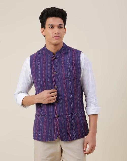 Blue Cotton Striped Slim Fit Gilet