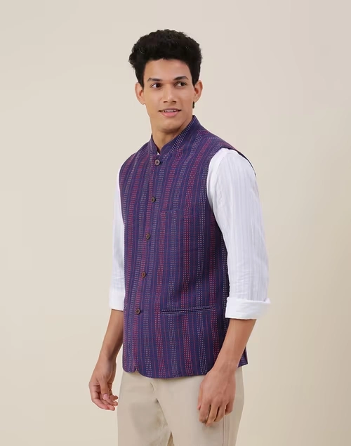 Blue Cotton Striped Slim Fit Gilet