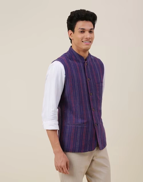 Blue Cotton Striped Slim Fit Gilet 3 Blue Cotton Striped Slim Fit Gilet