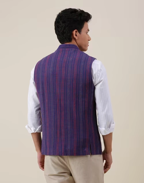 Blue Cotton Striped Slim Fit Gilet 4 Blue Cotton Striped Slim Fit Gilet