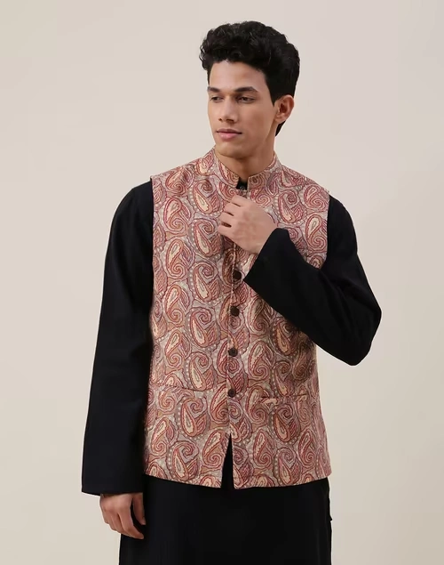 Beige Cotton Printed Nehru Jacket
