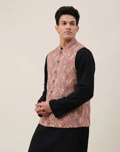 Beige Cotton Printed Nehru Jacket