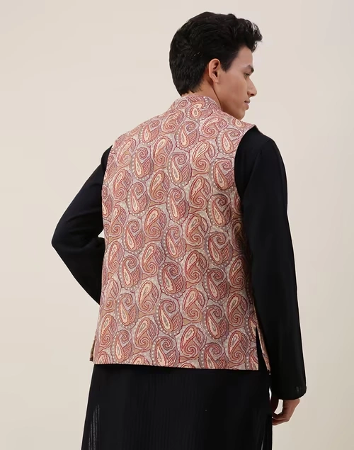 Beige Cotton Printed Nehru Jacket