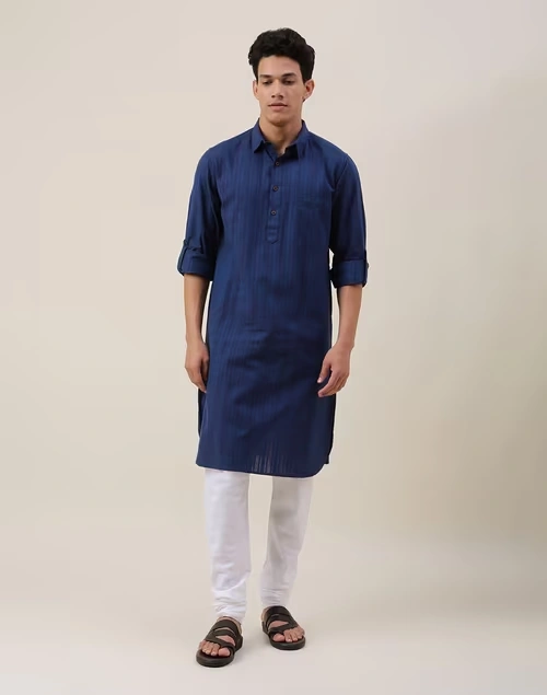Navy Cotton Striped Pathani Kurta