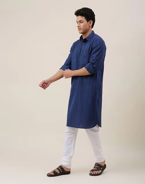 Navy Cotton Striped Pathani Kurta