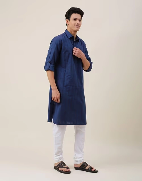 Navy Cotton Striped Pathani Kurta