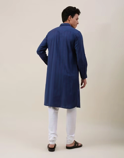 Navy Cotton Striped Pathani Kurta