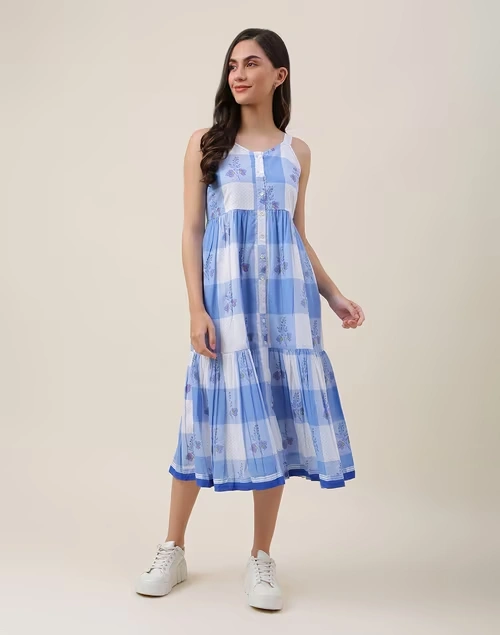 Blue Cotton Printed Midi Dress