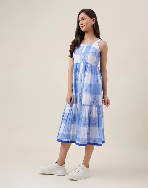 Blue Cotton Printed Midi Dress