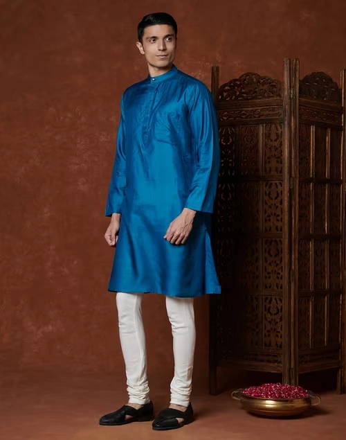 Blue Silk Embroidered Placket Long Kurta 3 Blue Silk Embroidered Placket Long Kurta
