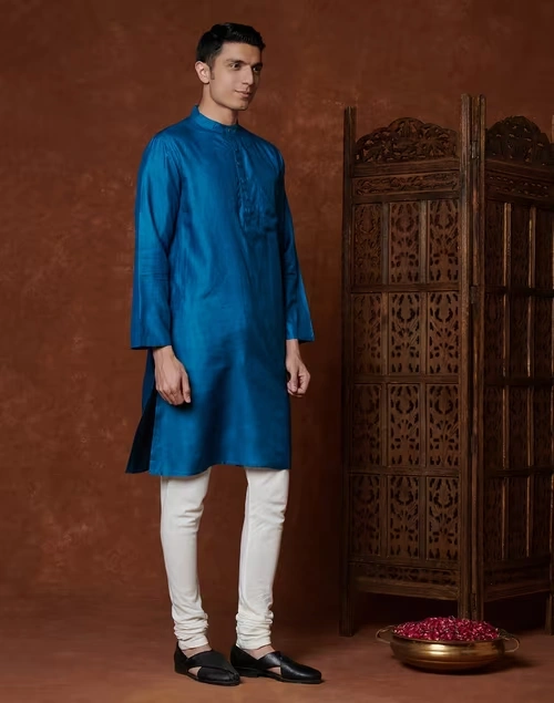 Blue Silk Embroidered Placket Long Kurta 4 Blue Silk Embroidered Placket Long Kurta