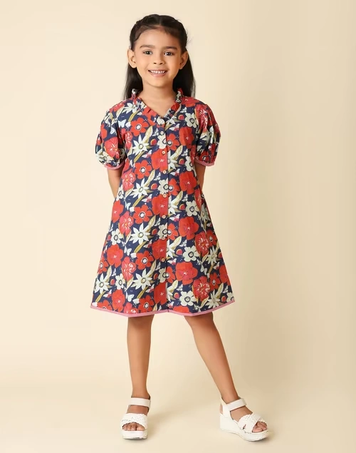 Navy Cotton Printed Dress