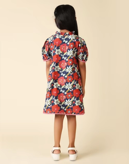 Navy Cotton Printed Dress
