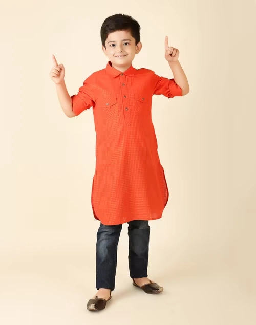 Orange Cotton Blend Checks Pathani