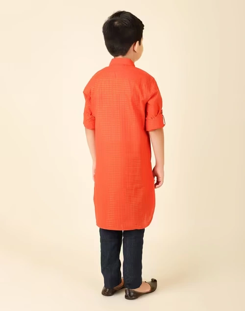Orange Cotton Blend Checks Pathani