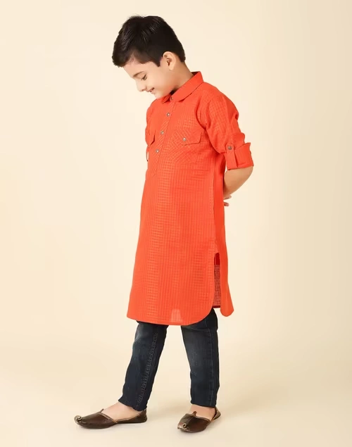 Orange Cotton Blend Checks Pathani 3 Orange Cotton Blend Checks Pathani