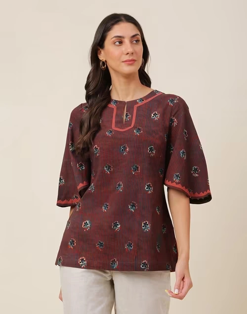 Red Cotton Printed Slim Fit Short Kurta