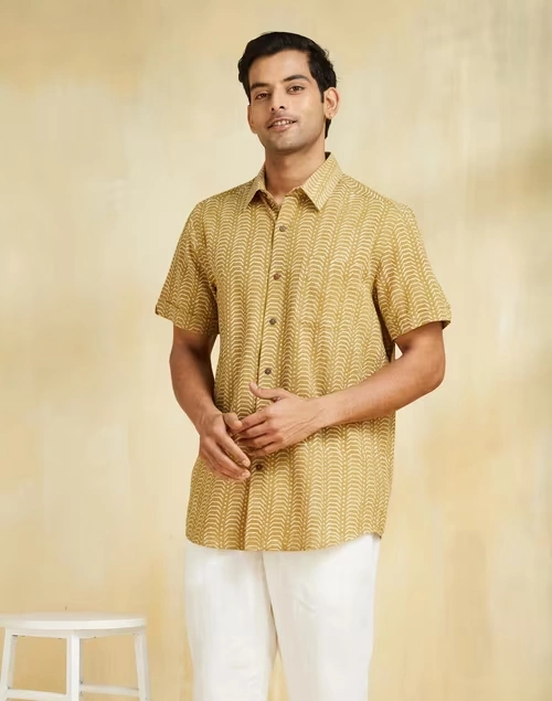 Beige Cotton Dabu Printed Shirt